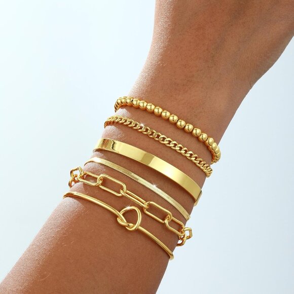 Trendy 14K Gold 6-Piece Stackable Bracelet Set Waterproof & Hypoallergenic - Picture 7 of 8